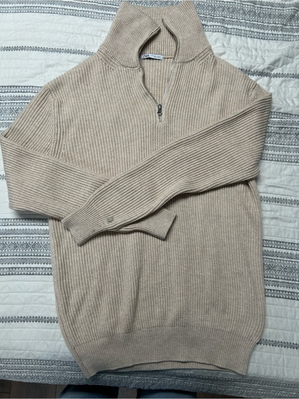 Zara Men Beige Ribbed Half-Zip Sweater